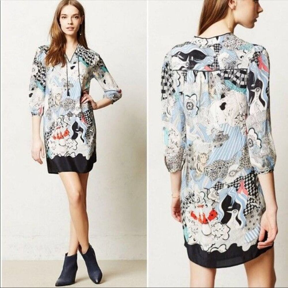 Anthropologie Drawing By Florence Balducci Silk Dress Floral Animals Size XS - Picture 2 of 5